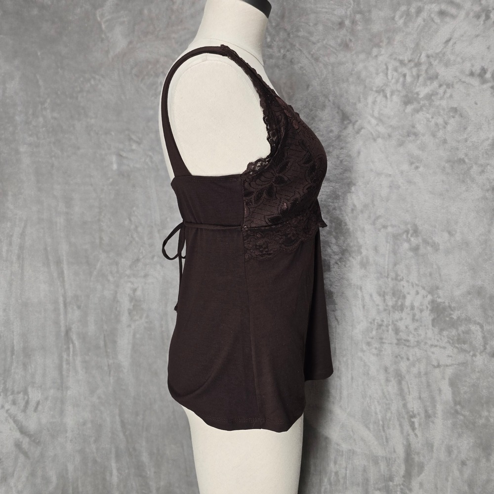 Y2K WetSeal Tank Top Women L Brown Lace Trim Empire Waist Tie Back Stretch Fairy - Picture 5 of 9